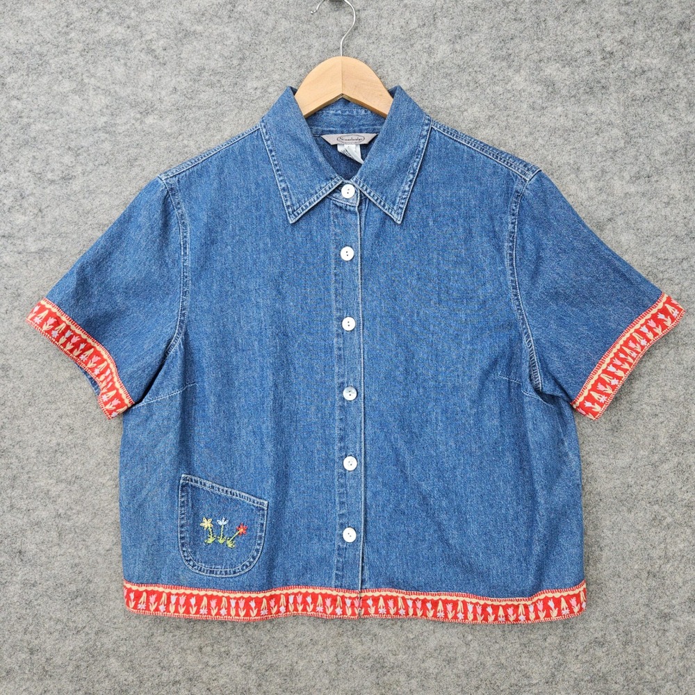 Stonebridge Denim Shirt/Top Women's Large Blue Short Sleeve Floral Embroidered